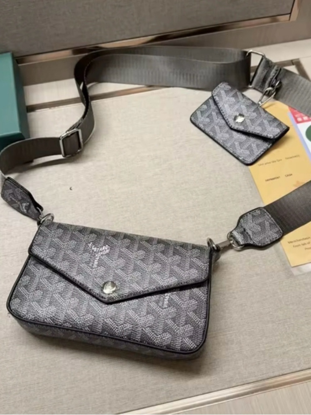 Gray Patterned Crossbody Bag with Pouch